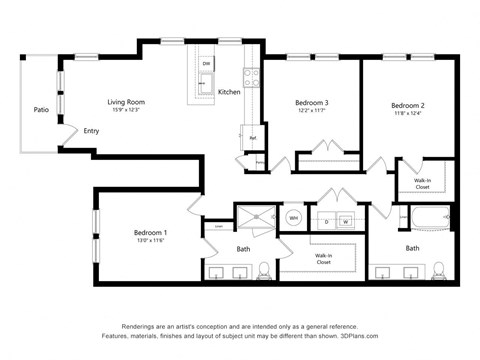 Floor plan for 3 beds, 2 baths, 1377 sqft